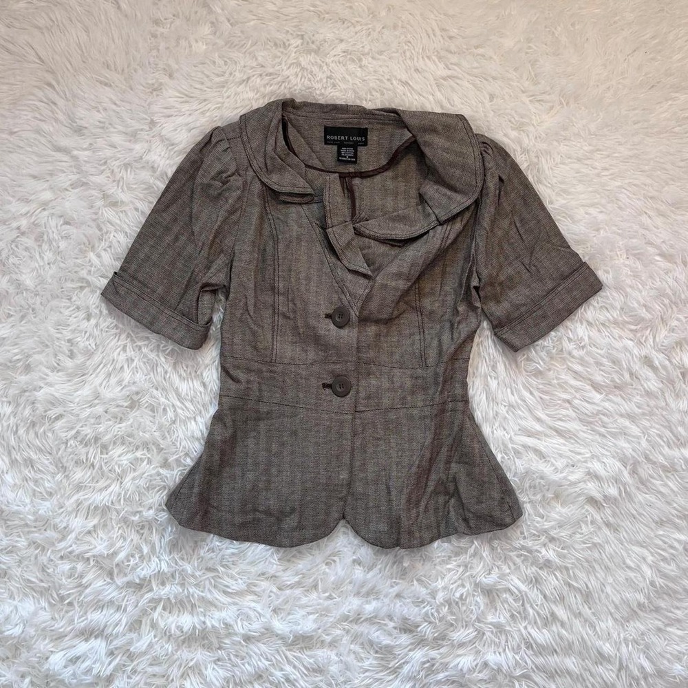 y2k brown tan button up peplum herringbone blazer jacket top small